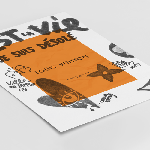 Louis Vuitton poster with artistic design and text on a white background