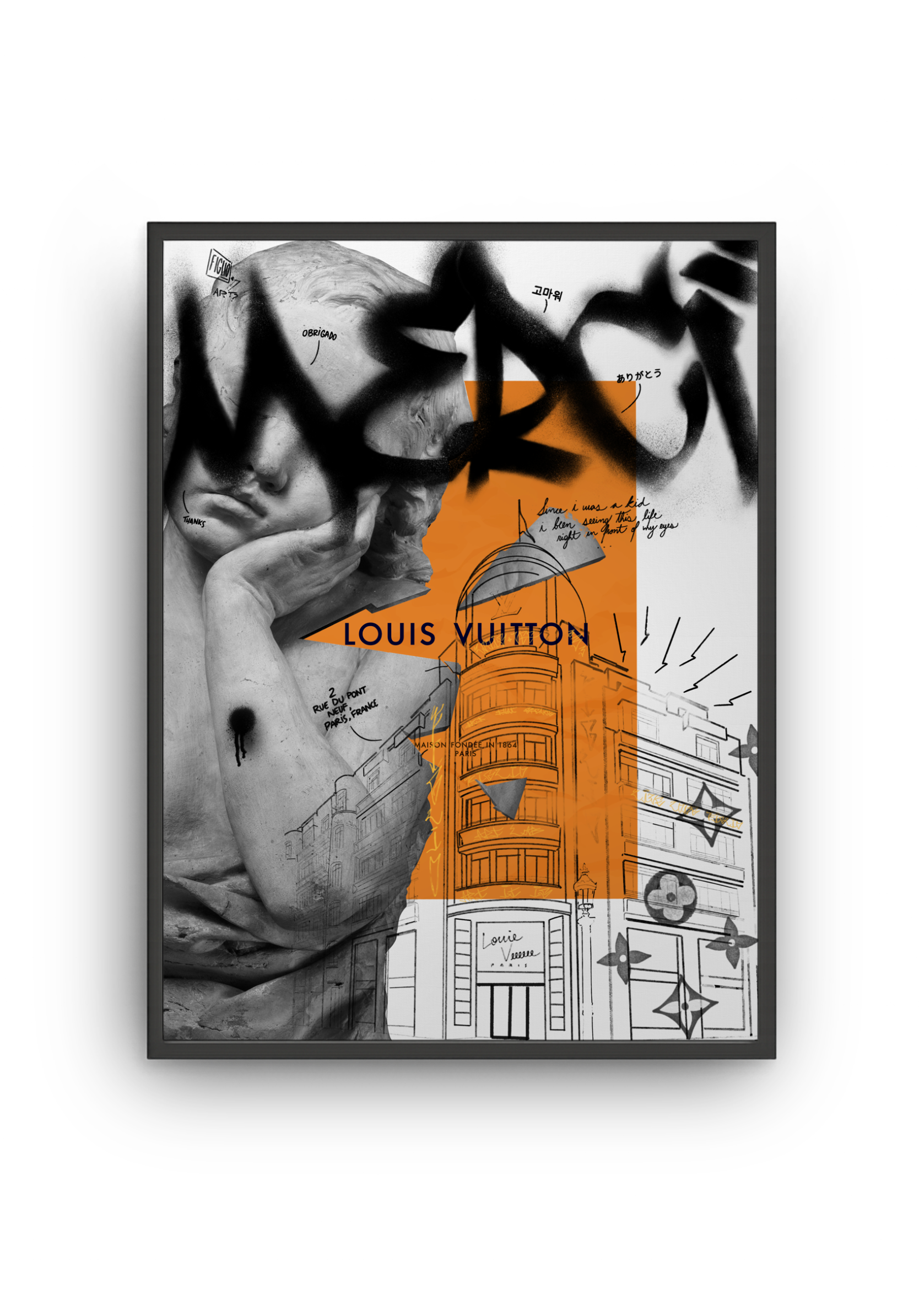 Contemporary Louis Vuitton–inspired graffiti wall art with orange architectural elements and classical sculpture, handmade digital artwork by Figlio Gallery.